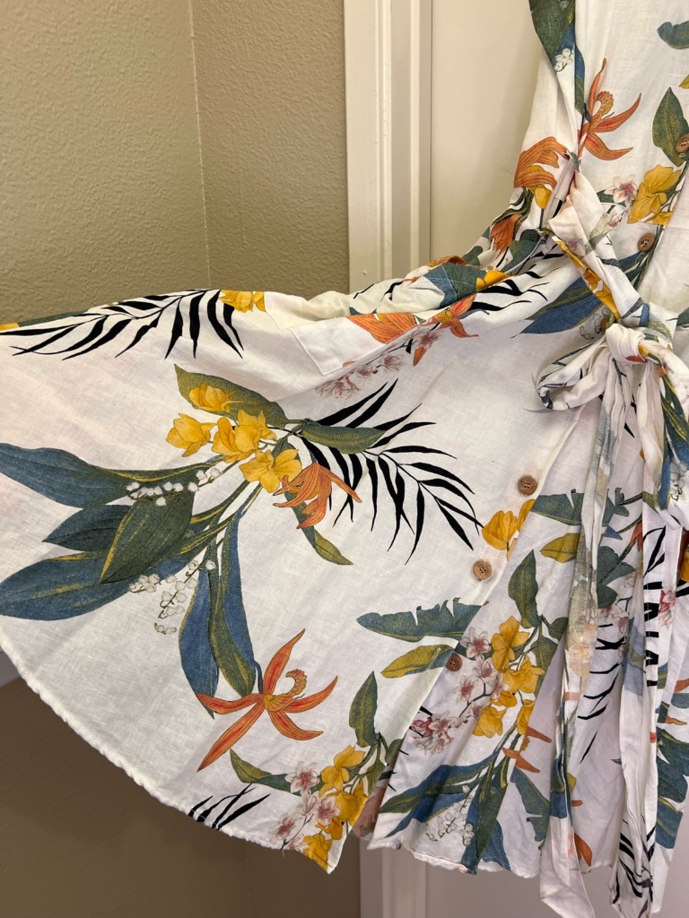 Zara Linen Blend Tropical Floral Wrap Dress Tie Front spring wedding guest dress - Picture 3 of 14
